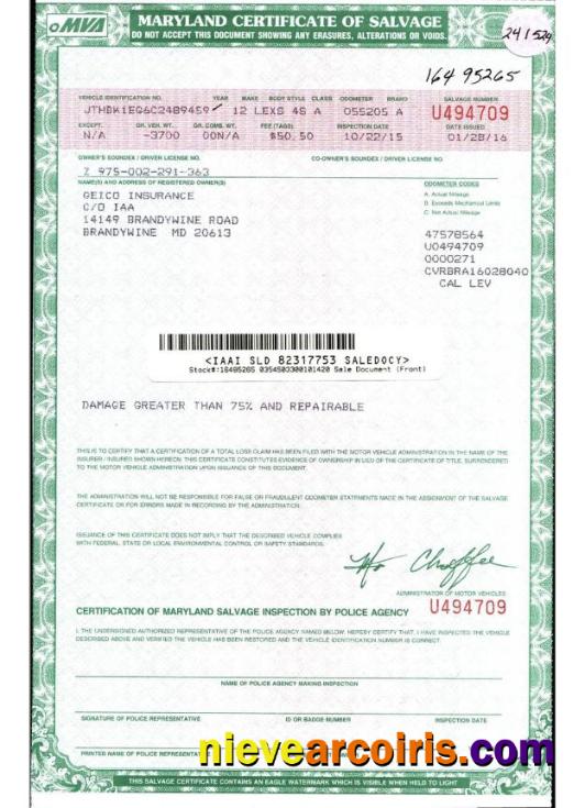 USA Maryland certificate of salvage